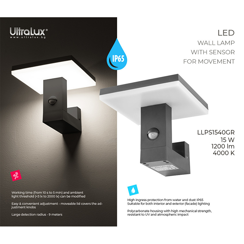 Aplica de perete LED Cu senzor de miscare 15W 4000K IP65, gri