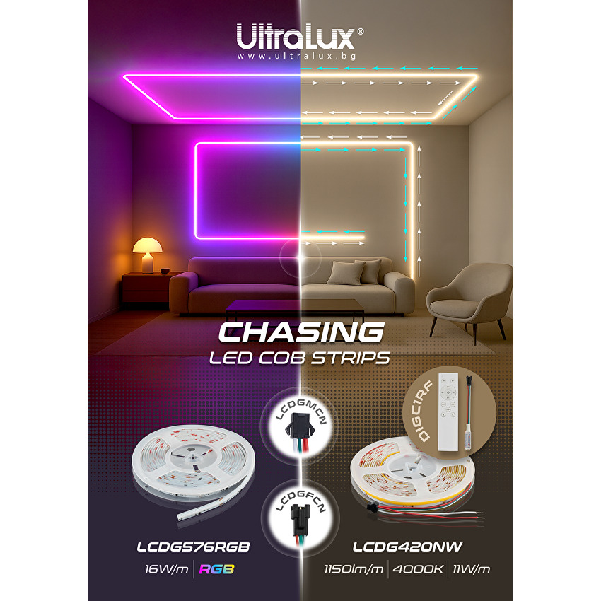 Banda flexibila LED digitala monocolora 11W/m, 4000K, IC WS2811, 24V DC, 10 pixels/m, COB, 5m, IP20