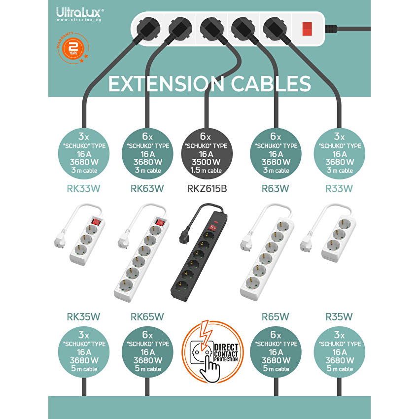 Prelungitor negru cu 6 prize Schuko cu intrerupator, protectie la supratensiune, 1.5 metri